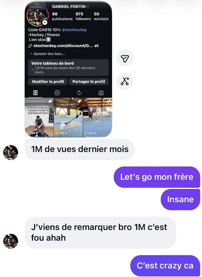Profil Instagram de Gabriel Fortin&nbsp;: 975 abonnés, son code GAB10 avec Stox Hockey et 1 million de vues au cours des 30 derniers jours. Il écrit «&nbsp;1M de vues dernier mois&nbsp;», puis «&nbsp;J'viens de remarquer bro, 1M c'est fou ahah&nbsp;».