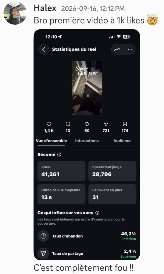 Message de Halex&nbsp;: «&nbsp;Bro première vidéo à 1k likes&nbsp;», avec les statistiques du reel&nbsp;: 1,4&nbsp;k j'aime, 721 partages, 41&nbsp;261 vues et 31 nouveaux abonnés. «&nbsp;C'est complètement fou!!&nbsp;»